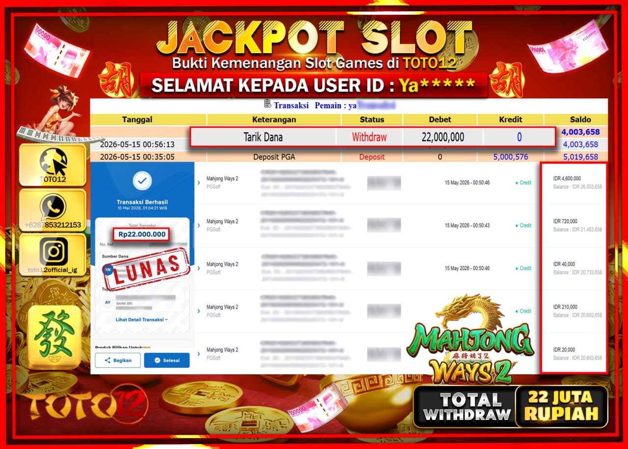 HANYA DI TOTO12 JP PASTI DI BAYAR LUNAS DAN CEPAT!!!!!! JACKPOT SLOT GAME (MAHJONG WAYS 2) Rp22.000.000!!!!