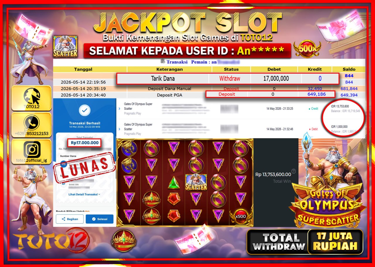HANYA DI TOTO12 JP PASTI DI BAYAR LUNAS DAN CEPAT!!!!!! JACKPOT SLOT GAME (GATES OF OLYMPUS SUPER SCATTER) Rp17.000.000!!!!