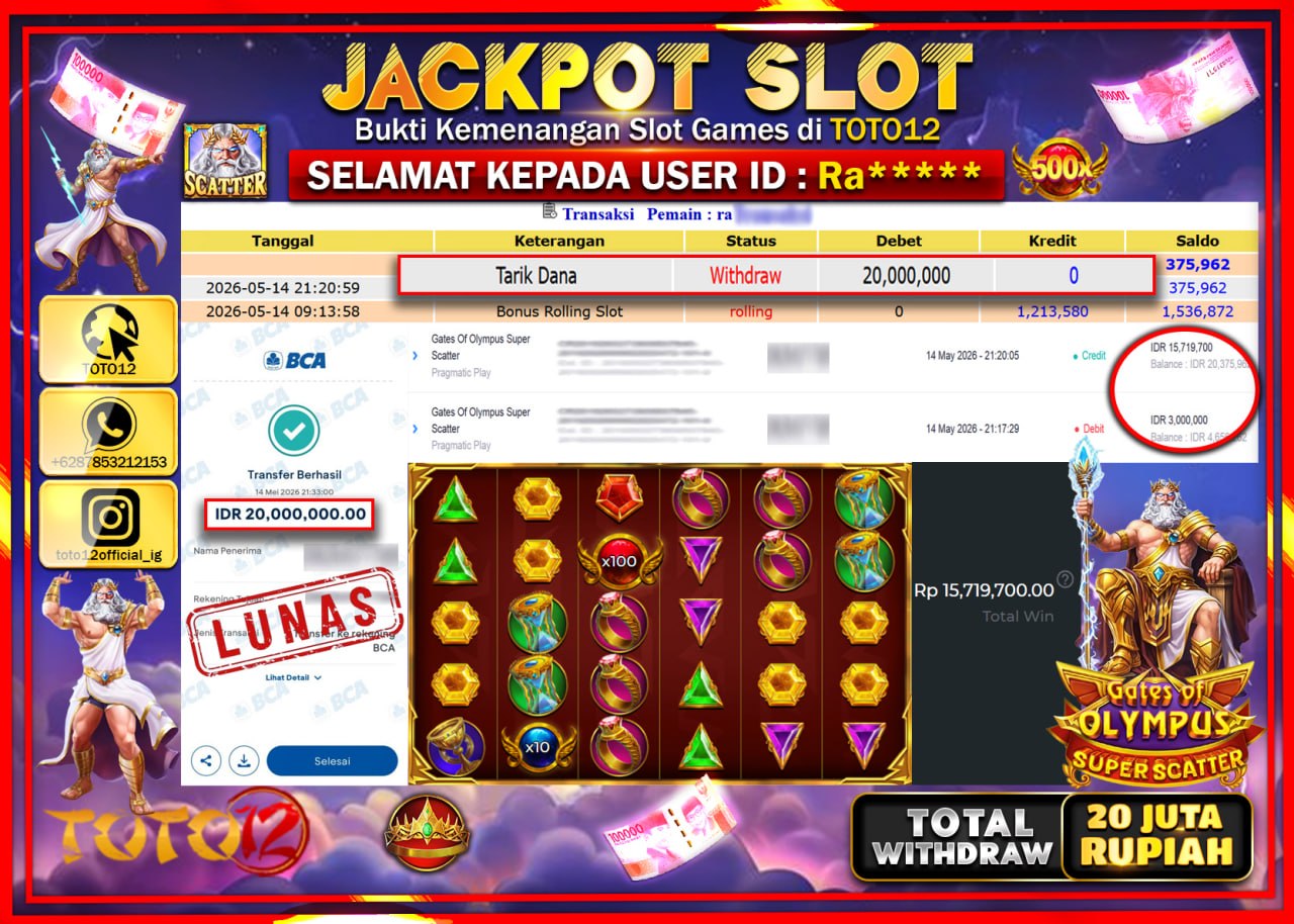 HANYA DI TOTO12 JP PASTI DI BAYAR LUNAS DAN CEPAT!!!!!! JACKPOT SLOT GAME (GATES OF OLYMPUS SUPER SCATTER) Rp20.000.000!!!!