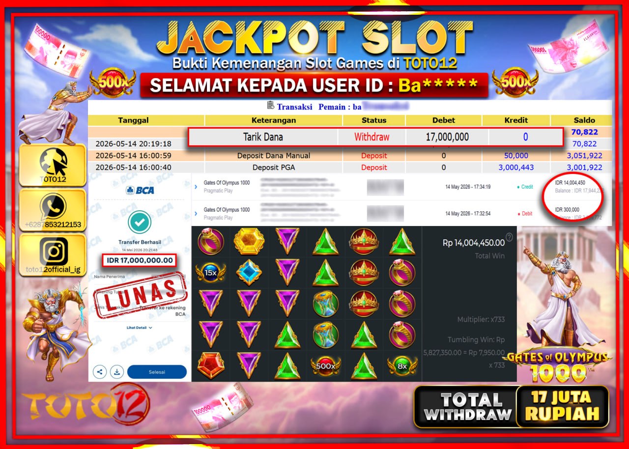 HANYA DI TOTO12 JP PASTI DI BAYAR LUNAS DAN CEPAT!!!!!! JACKPOT SLOT GAME (GATES OF OLYMPUS 1000) Rp17.000.000!!!!