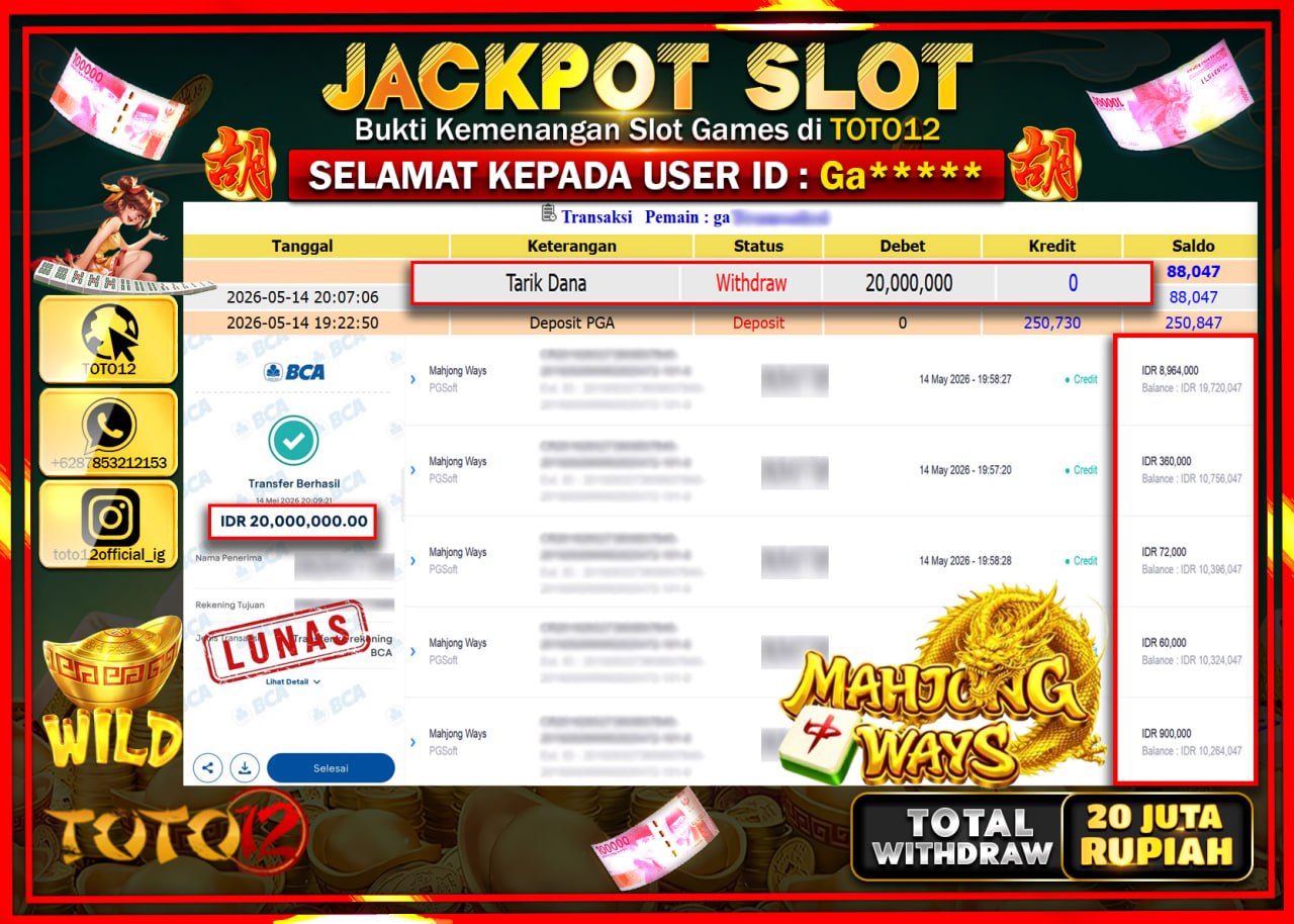 HANYA DI TOTO12 JP PASTI DI BAYAR LUNAS DAN CEPAT!!!!!! JACKPOT SLOT GAME (MAHJONG WAYS) Rp20.000.000!!!!
