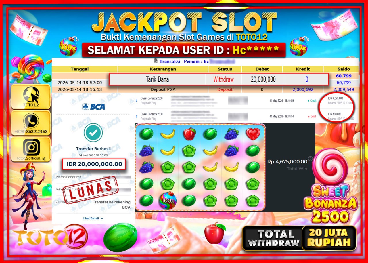 HANYA DI TOTO12 JP PASTI DI BAYAR LUNAS DAN CEPAT!!!!!! JACKPOT SLOT GAME (SWEET BONANZA 2500) Rp20.000.000!!!!
