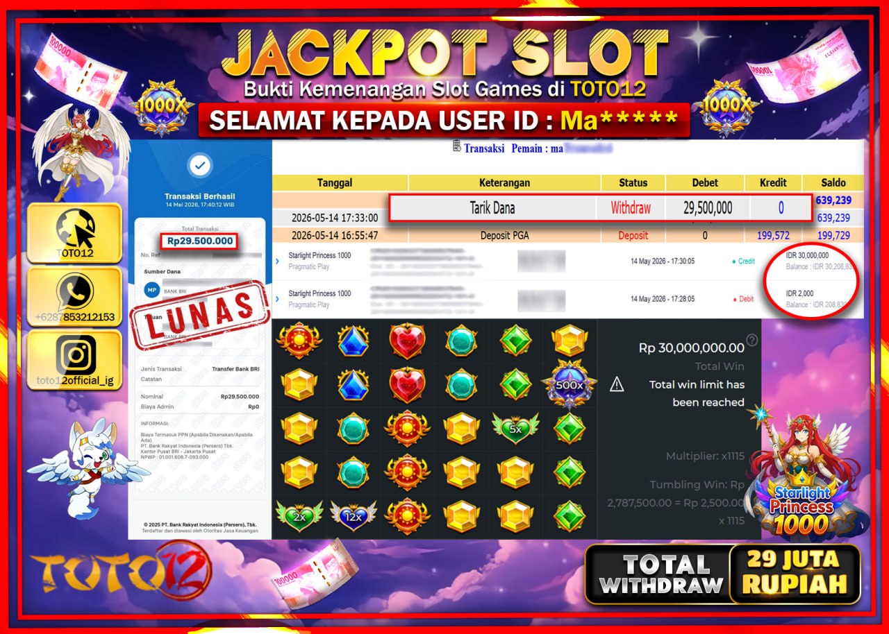 HANYA DI TOTO12 JP PASTI DI BAYAR LUNAS DAN CEPAT!!!!!! JACKPOT SLOT GAME (STARLIGHT PRINCESS 1000) Rp29.500.000!!!!