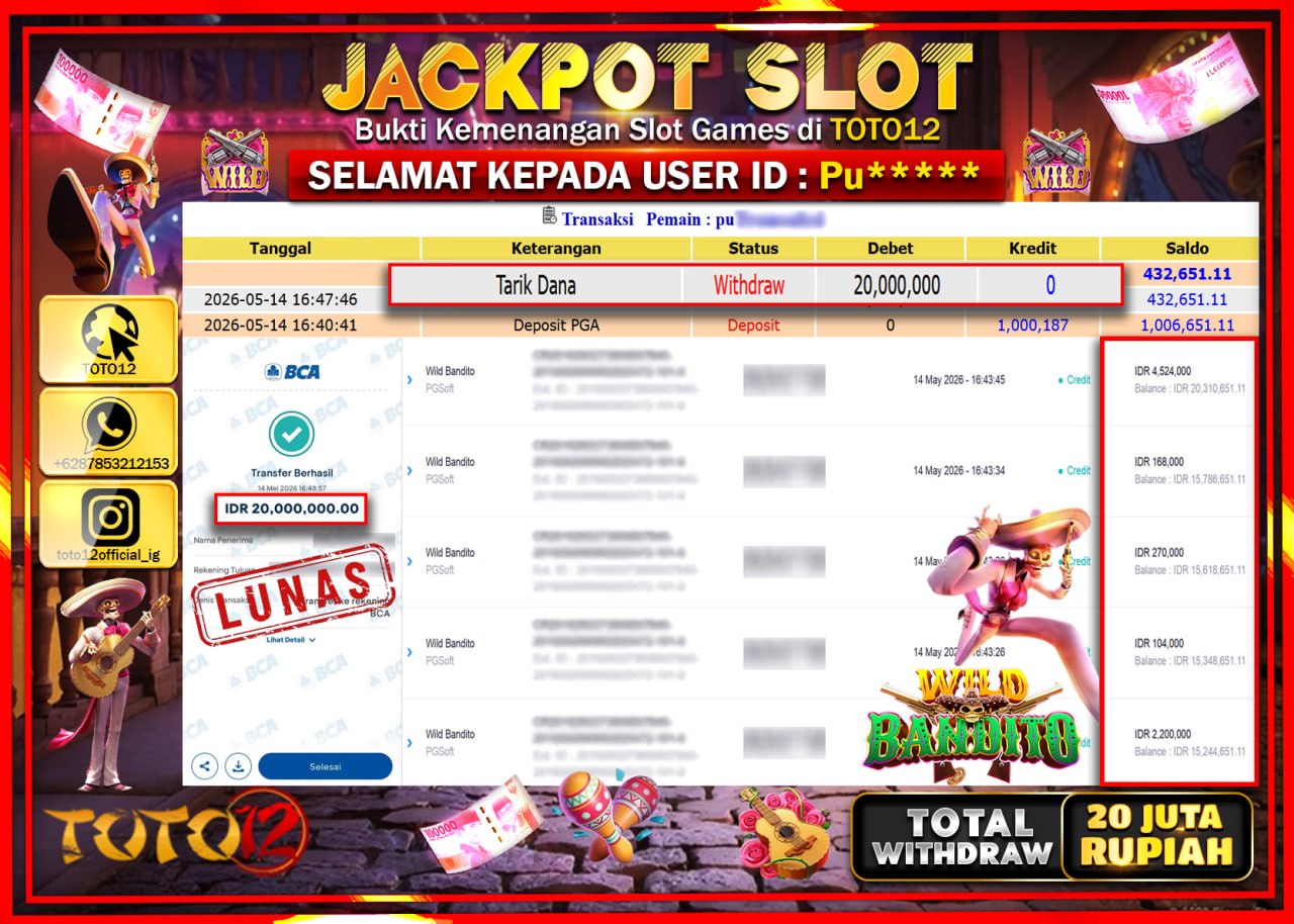HANYA DI TOTO12 JP PASTI DI BAYAR LUNAS DAN CEPAT!!!!!! JACKPOT SLOT GAME (WILD BANDITO) Rp20.000.000!!!!
