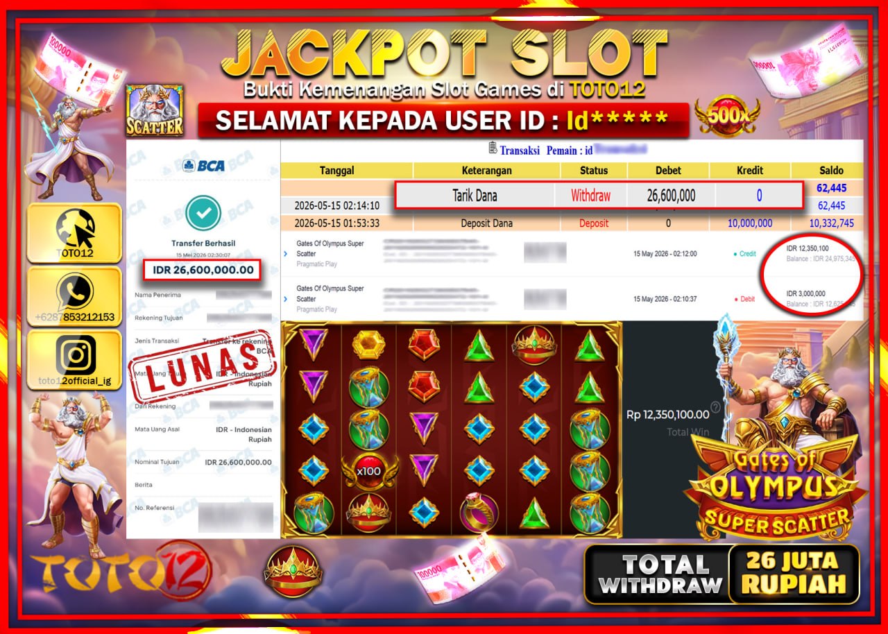 HANYA DI TOTO12 JP PASTI DI BAYAR LUNAS DAN CEPAT!!!!!! JACKPOT SLOT GAME (GATES OF OLYMPUS SUPER SCATTER) Rp26.600.000!!!!