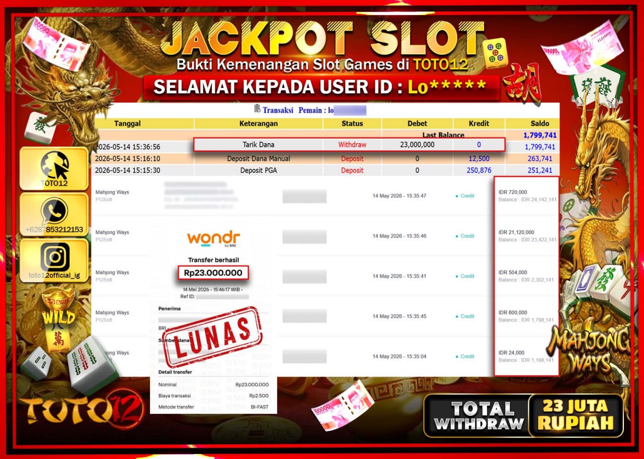 HANYA DI TOTO12 JP PASTI DI BAYAR LUNAS DAN CEPAT!!!!!! JACKPOT SLOT GAME (MAHJONG WAYS) Rp23.000.000!!!!