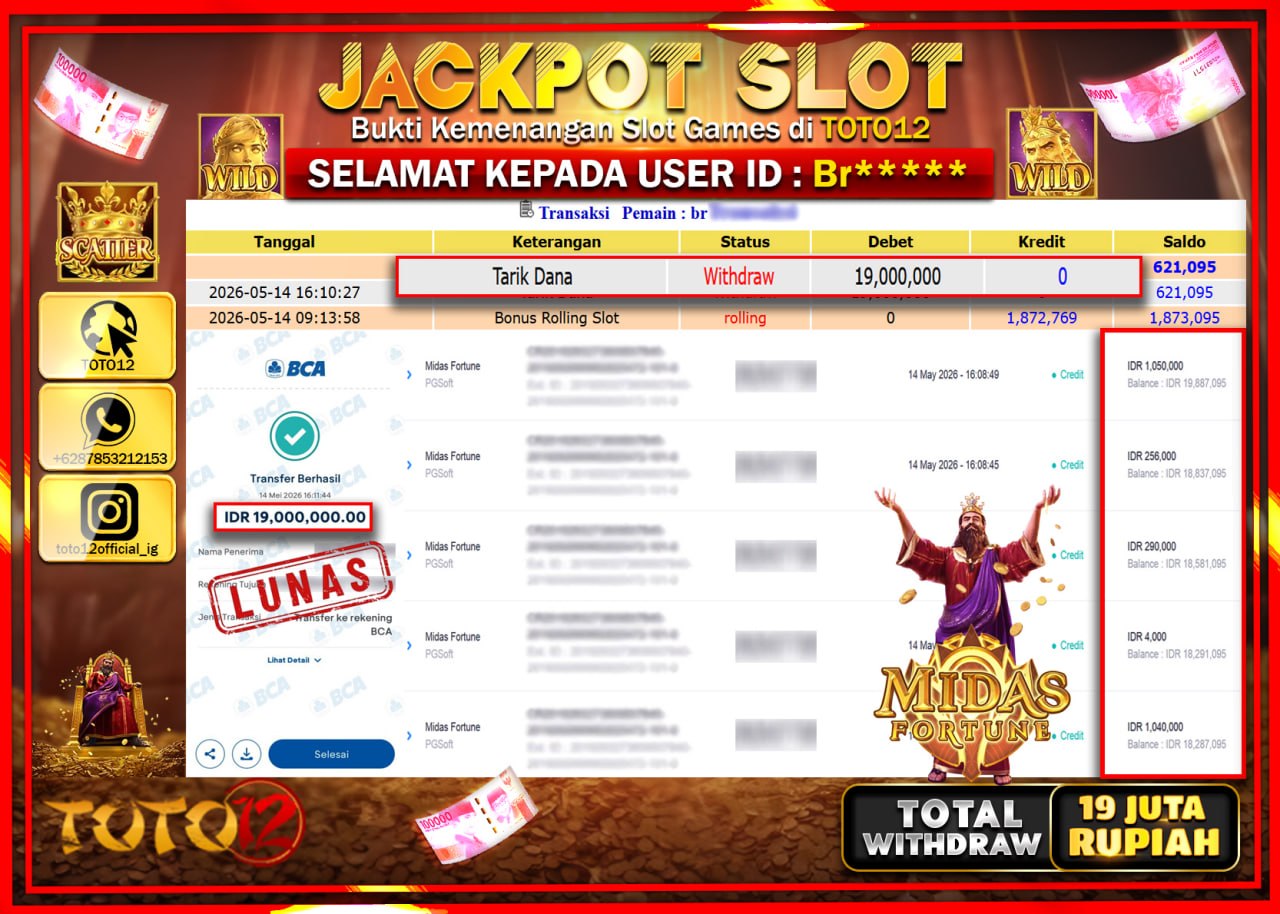 HANYA DI TOTO12 JP PASTI DI BAYAR LUNAS DAN CEPAT!!!!!! JACKPOT SLOT GAME (MIDAS FORTUNE) Rp19.000.000!!!!