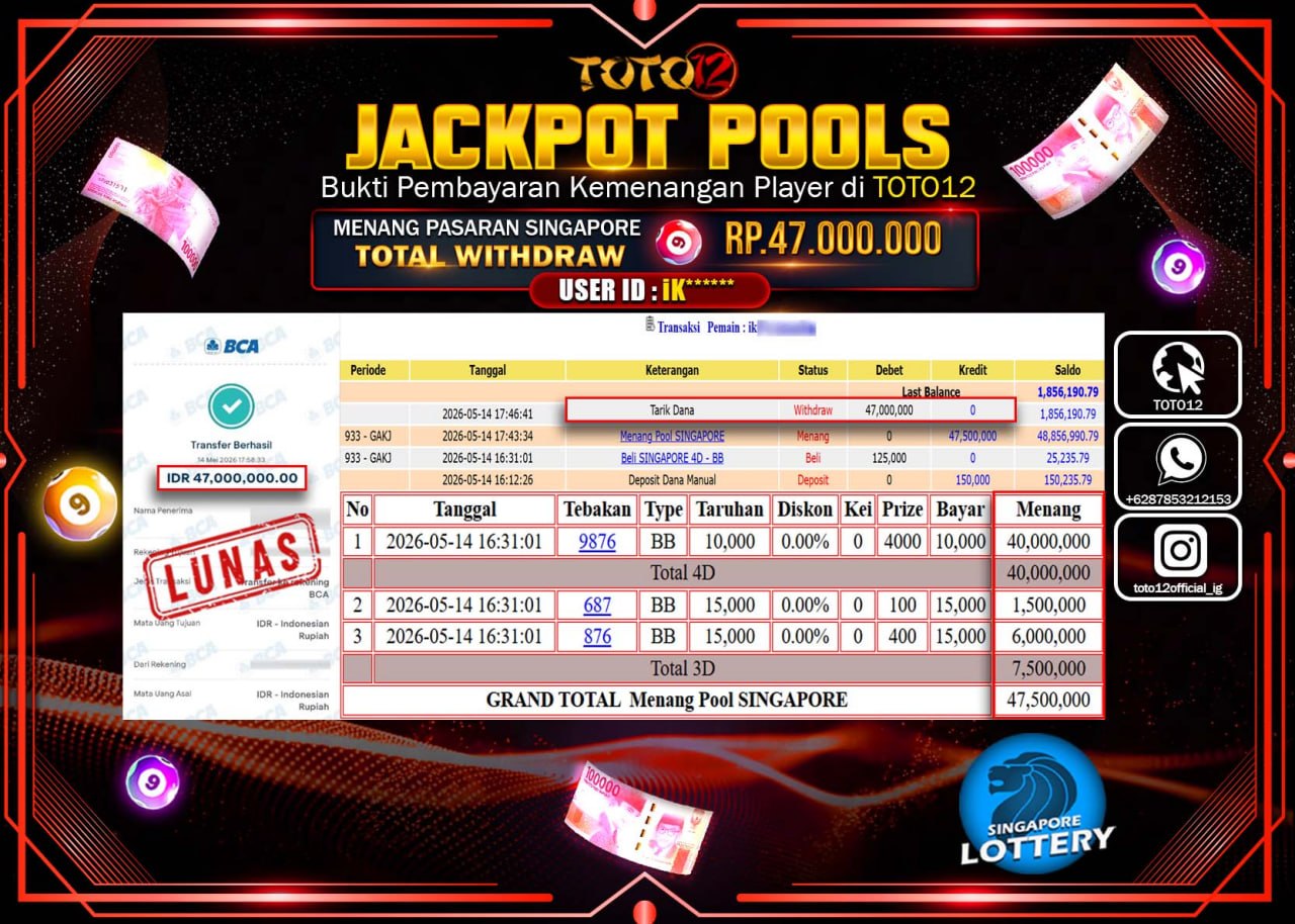 HANYA DI TOTO12 JP PASTI DI BAYAR LUNAS DAN CEPAT!!!!!! JACKPOT POOLS PASARAN (SINGAPORE) Rp47.000.000!!!!