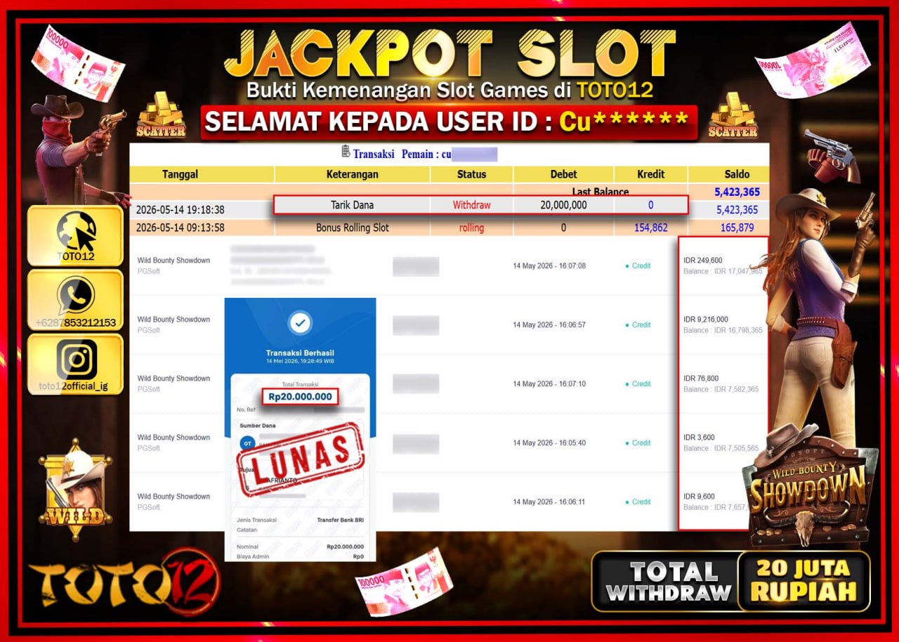 HANYA DI TOTO12 JP PASTI DI BAYAR LUNAS DAN CEPAT!!!!!! JACKPOT SLOT GAME (WILD BOUNTY SHOWDOWN) Rp20.000.000!!!!