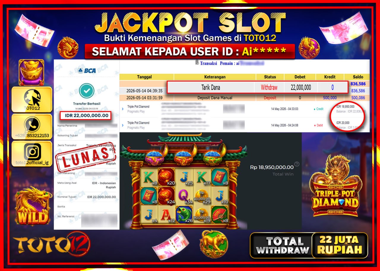HANYA DI TOTO12 JP PASTI DI BAYAR LUNAS DAN CEPAT!!!!!! JACKPOT SLOT GAME (TRIPLE POT DIAMOND) Rp22.000.000!!!!