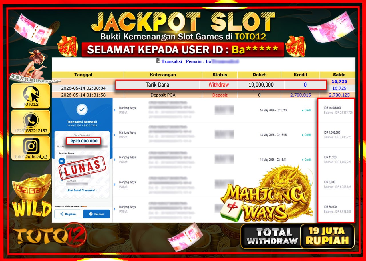 HANYA DI TOTO12 JP PASTI DI BAYAR LUNAS DAN CEPAT!!!!!! JACKPOT SLOT GAME (MAHJONG WAYS) Rp19.000.000!!!!