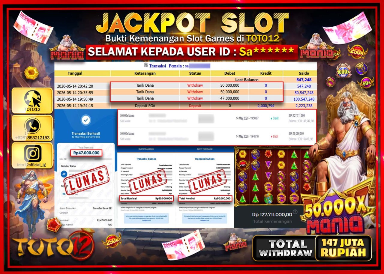 HANYA DI TOTO12 JP PASTI DI BAYAR LUNAS DAN CEPAT!!!!!! JACKPOT SLOT GAME (50.000 X MANIA) Rp147.000.000!!!!