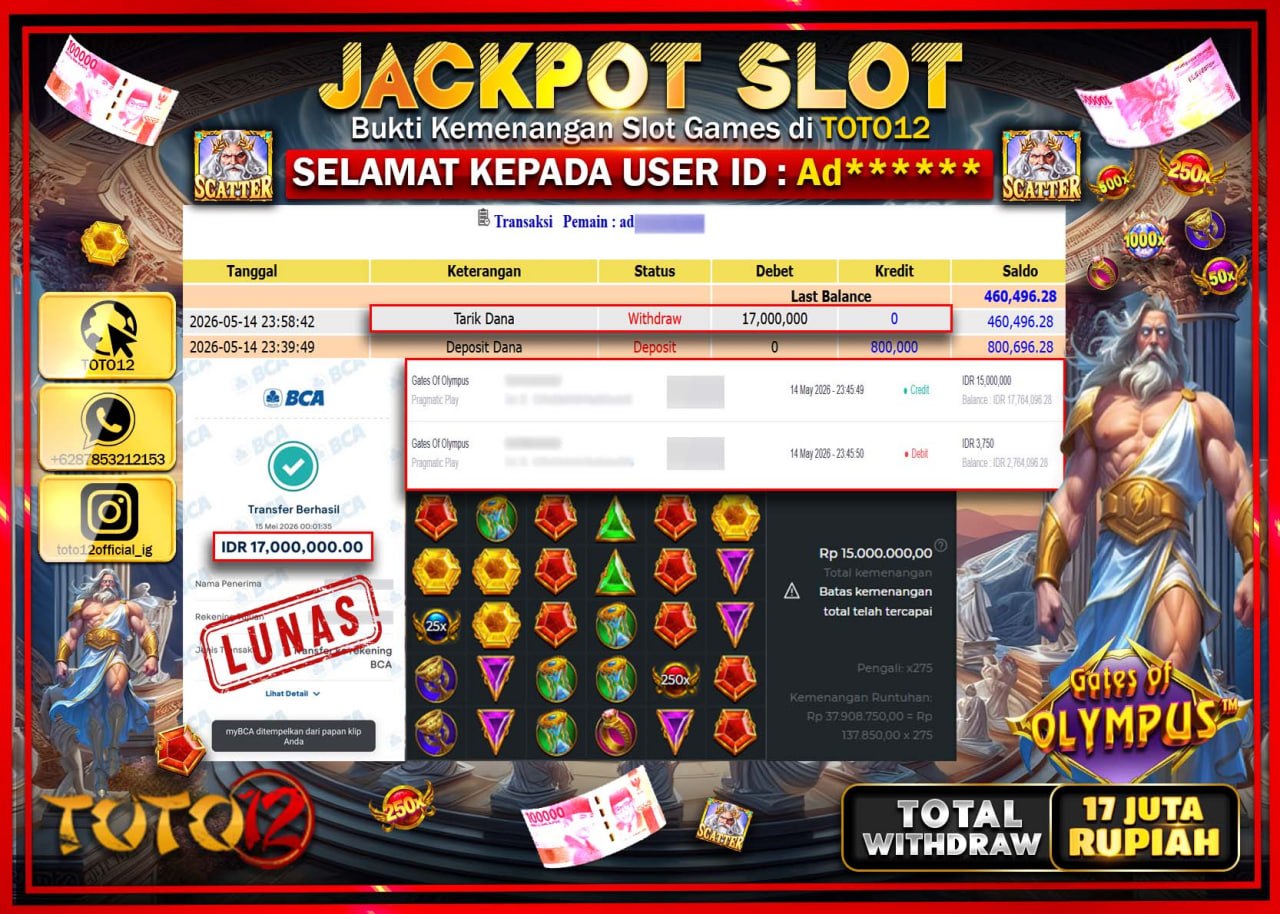 HANYA DI TOTO12 JP PASTI DI BAYAR LUNAS DAN CEPAT!!!!!! JACKPOT SLOT GAME (GATES OF OLYMPUS) Rp17.000.000!!!!