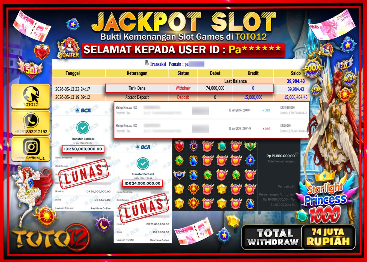 HANYA DI TOTO12 JP PASTI DI BAYAR LUNAS DAN CEPAT!!!!!! JACKPOT SLOT GAME (STARLIGHT PRINCESS 1000) Rp74.000.000!!!!