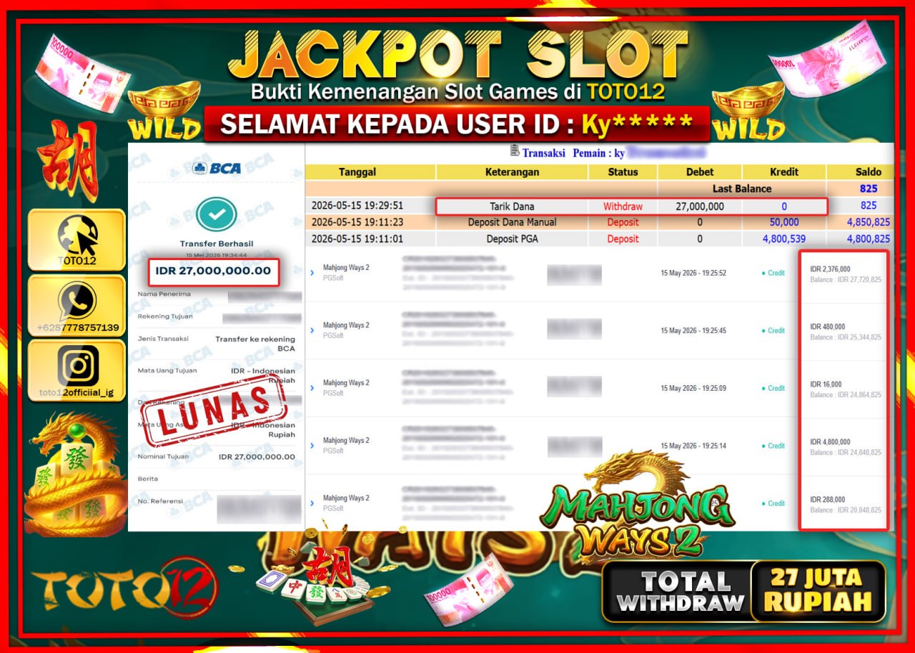 HANYA DI TOTO12 JP PASTI DI BAYAR LUNAS DAN CEPAT!!!!!! JACKPOT SLOT GAME (MAHJONG WAYS 2) Rp27.000.000!!!!