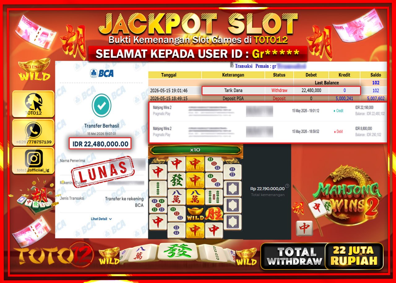 HANYA DI TOTO12 JP PASTI DI BAYAR LUNAS DAN CEPAT!!!!!! JACKPOT SLOT GAME (MAHJONG WISN 2) Rp22.000.000!!!!