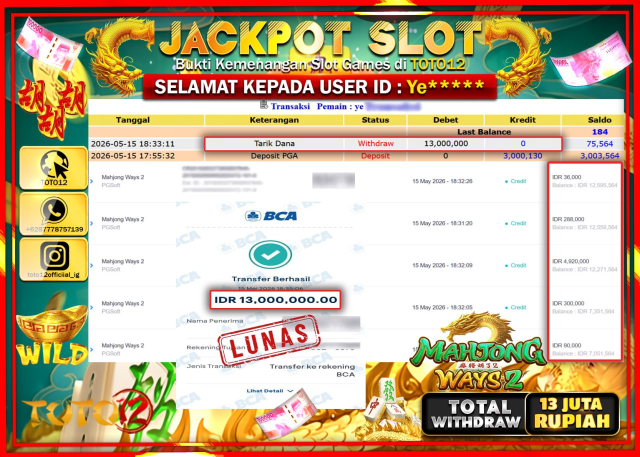 HANYA DI TOTO12 JP PASTI DI BAYAR LUNAS DAN CEPAT!!!!!! JACKPOT SLOT GAME (MAHJONG WAYS 2) Rp13.000.000!!!!
