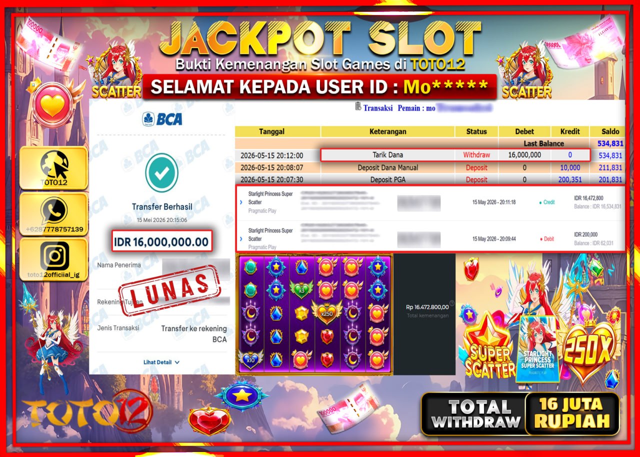 HANYA DI TOTO12 JP PASTI DI BAYAR LUNAS DAN CEPAT!!!!!! JACKPOT SLOT GAME (STARLIGHT PRINCESS SUPER SCATTER) Rp16.000.000!!!!
