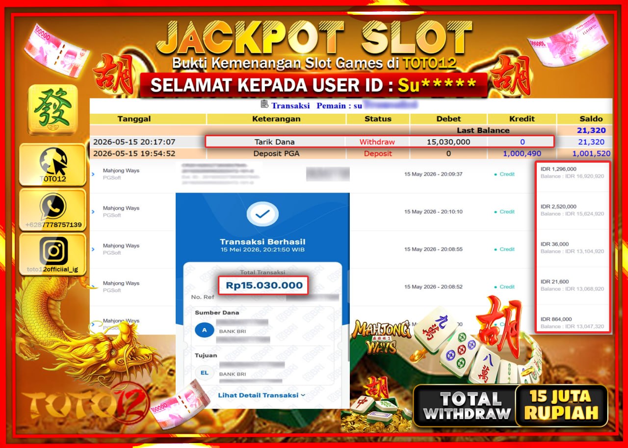 HANYA DI TOTO12 JP PASTI DI BAYAR LUNAS DAN CEPAT!!!!!! JACKPOT SLOT GAME (MAHJONG WAYS) Rp15.030.000!!!!