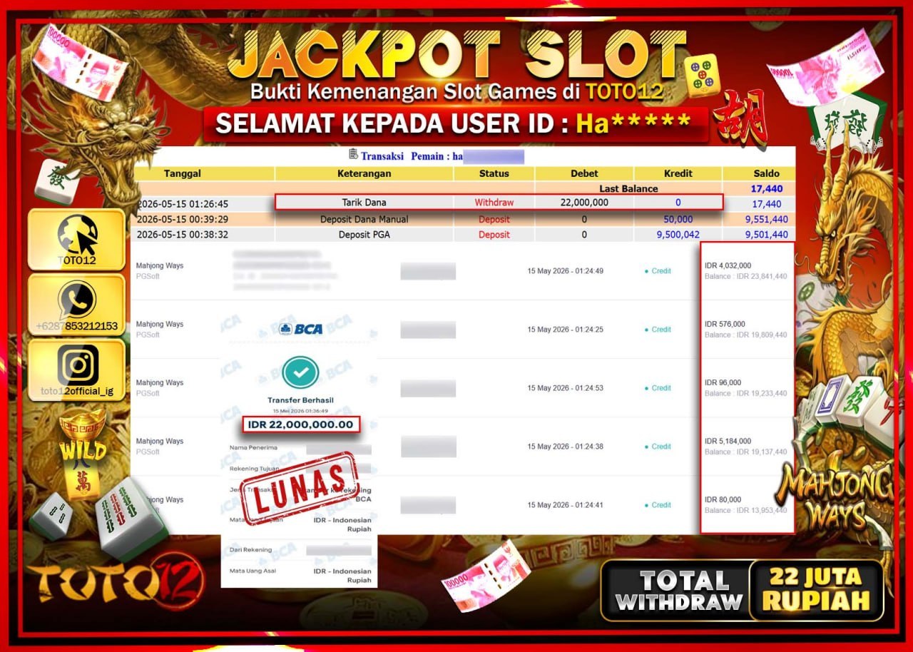 HANYA DI TOTO12 JP PASTI DI BAYAR LUNAS DAN CEPAT!!!!!! JACKPOT SLOT GAME (MAHJONG WAYS) Rp22.480.000!!!!
