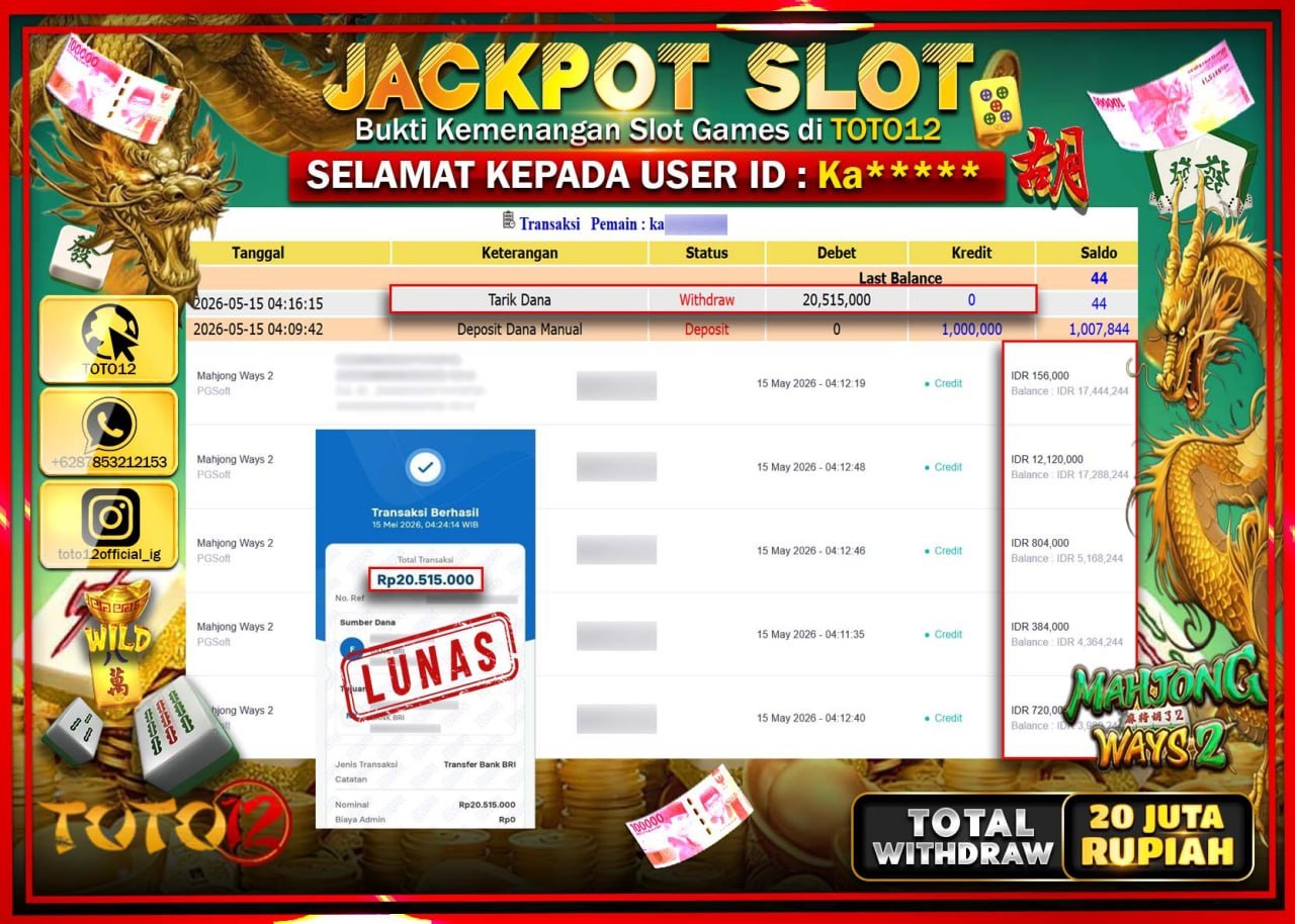 HANYA DI TOTO12 JP PASTI DI BAYAR LUNAS DAN CEPAT!!!!!! JACKPOT SLOT GAME (MAHJONG WAYS 2) Rp20.515.000!!!!