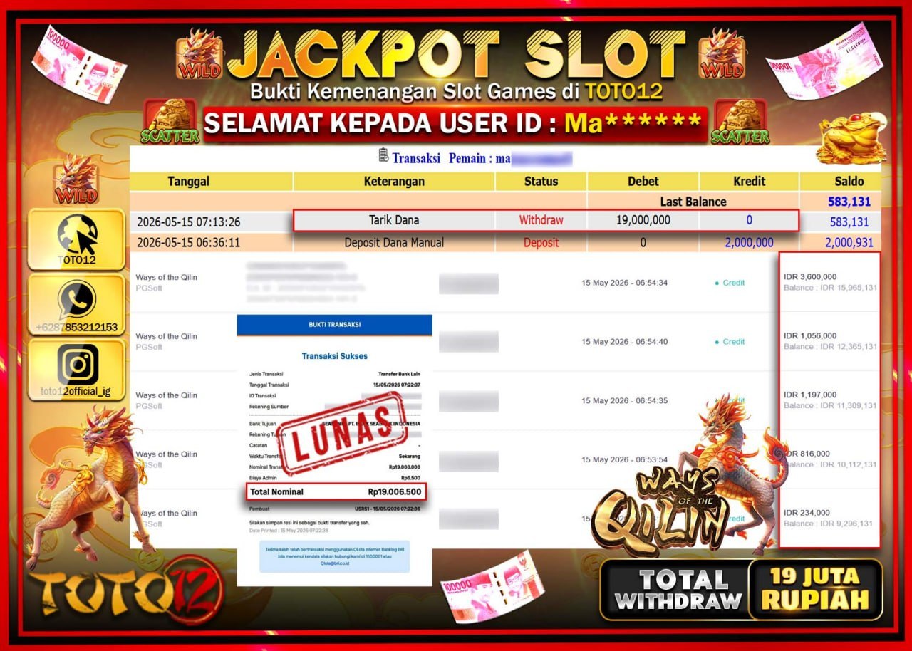 HANYA DI TOTO12 JP PASTI DI BAYAR LUNAS DAN CEPAT!!!!!! JACKPOT SLOT GAME (WAYS OF THE QILIN) Rp19.000.000!!!!