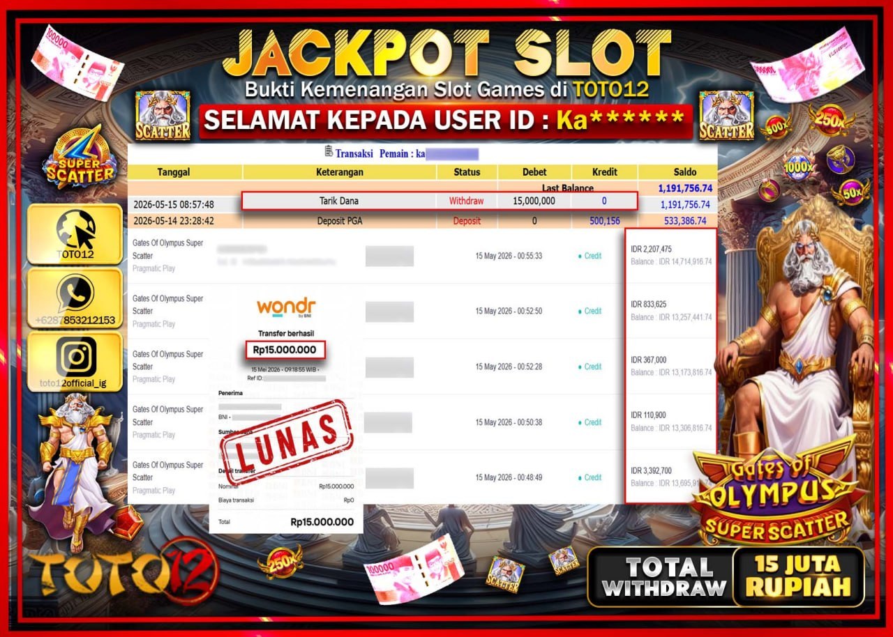 HANYA DI TOTO12 JP PASTI DI BAYAR LUNAS DAN CEPAT!!!!!! JACKPOT SLOT GAME (GATES OF OLYMPUS SUPER SCATTER) Rp15.000.000!!!!