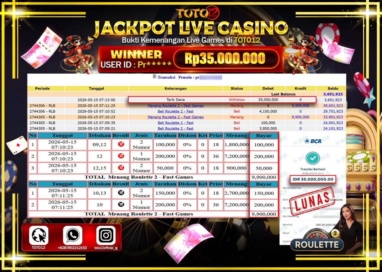 HANYA DI TOTO12 JP PASTI DI BAYAR LUNAS DAN CEPAT!!!!!! JACKPOT  LIVE GAME CASINO (ROULETTE 2) Rp35.000.000!!!!