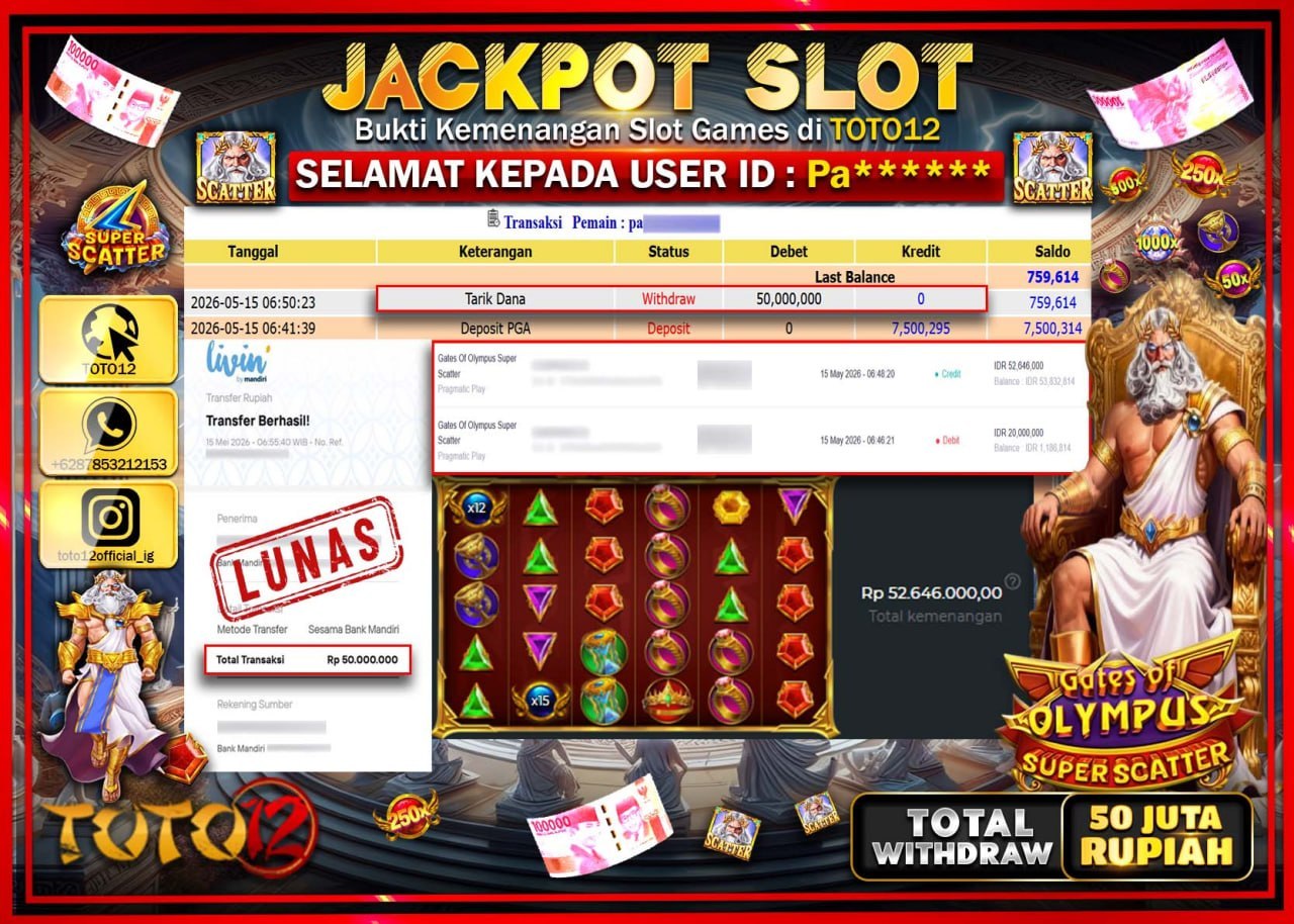 HANYA DI TOTO12 JP PASTI DI BAYAR LUNAS DAN CEPAT!!!!!! JACKPOT SLOT GAME (GATES OF OLYMPUS SUPER SCATTER) Rp50.000.000!!!!