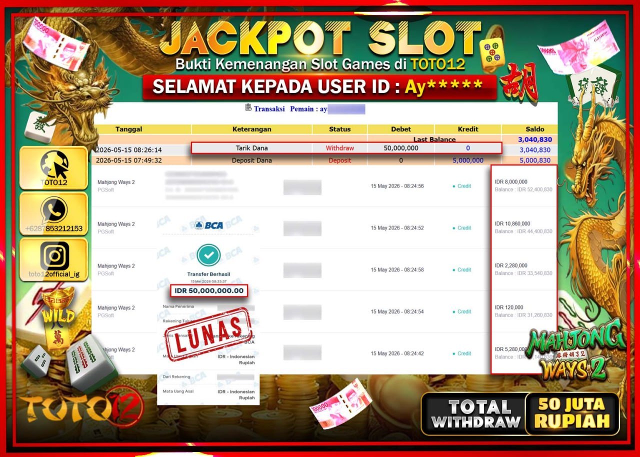HANYA DI TOTO12 JP PASTI DI BAYAR LUNAS DAN CEPAT!!!!!! JACKPOT SLOT GAME (MAHJONG WAYS 2) Rp50.000.000!!!!