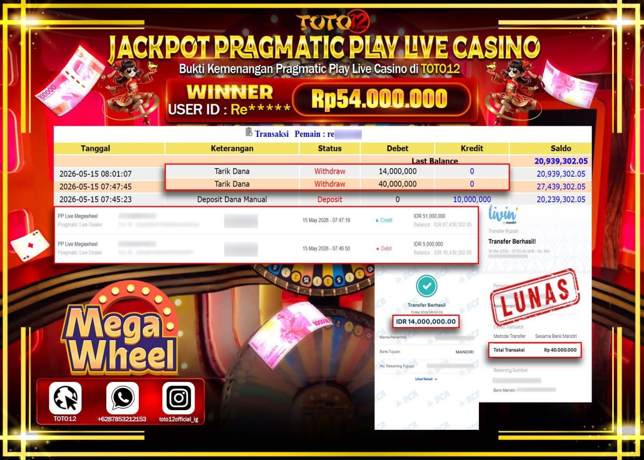 HANYA DI TOTO12 JP PASTI DI BAYAR LUNAS DAN CEPAT!!!!!! JACKPOT PRAGMATIC PLAY LIVE GAME CASINO (PP LIVE MEGAWHEEL) Rp54.000.000!!!!