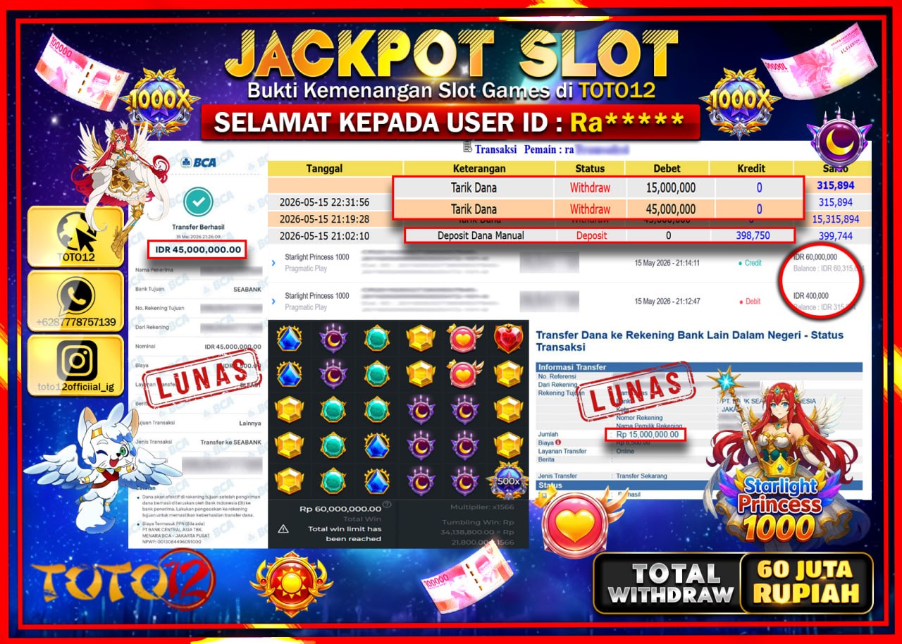 HANYA DI TOTO12 JP PASTI DI BAYAR LUNAS DAN CEPAT!!!!!! JACKPOT SLOT GAME (STARLIGHT PRINCESS 1000) Rp60.000.000!!!!