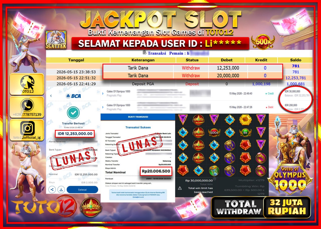HANYA DI TOTO12 JP PASTI DI BAYAR LUNAS DAN CEPAT!!!!!! JACKPOT SLOT GAME (GATES OF OLYMPUS 1000) Rp32.253.000!!!!