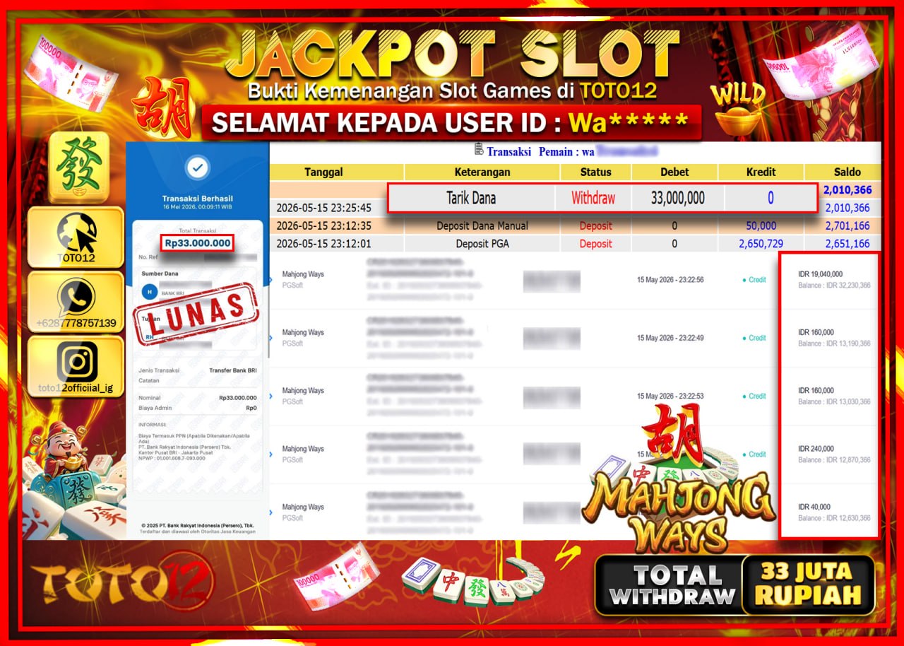 HANYA DI TOTO12 JP PASTI DI BAYAR LUNAS DAN CEPAT!!!!!! JACKPOT SLOT GAME (MAHJONG WAYS) Rp33.000.000!!!!