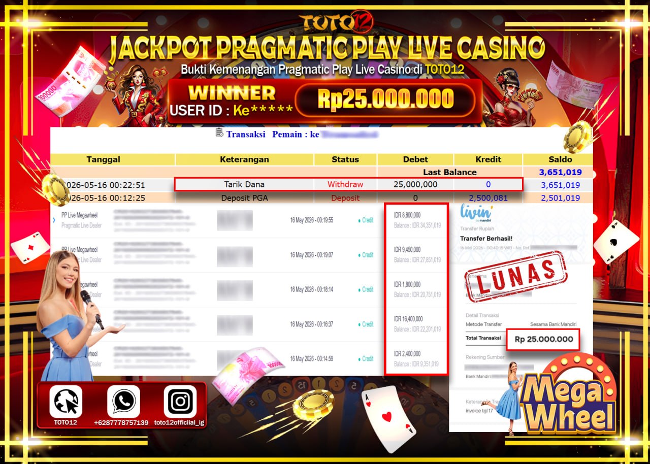 HANYA DI TOTO12 JP PASTI DI BAYAR LUNAS DAN CEPAT!!!!!! JACKPOT PRAGMATIC PLAY LIVE GAME CASINO (PP LIVE MEGAWHEEL) Rp25.000.000!!!!