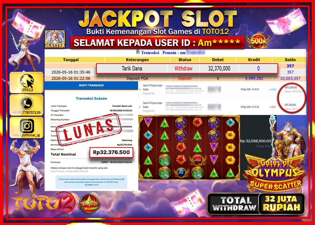 HANYA DI TOTO12 JP PASTI DI BAYAR LUNAS DAN CEPAT!!!!!! JACKPOT SLOT GAME (GATES OF OLYMPUS SUPER SCATTER) Rp32.370.000!!!!