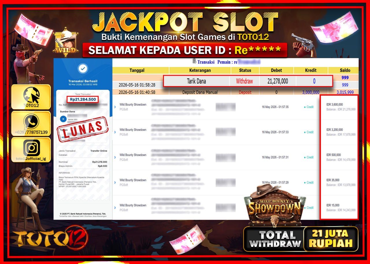 HANYA DI TOTO12 JP PASTI DI BAYAR LUNAS DAN CEPAT!!!!!! JACKPOT SLOT GAME (WILD BOUNTY SHOWDOWN) Rp21.278.000!!!!