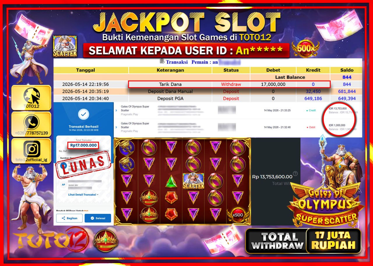 HANYA DI TOTO12 JP PASTI DI BAYAR LUNAS DAN CEPAT!!!!!! JACKPOT SLOT GAME (GATES OF OLYMPUS SUPER SCATTER) Rp17.000.000!!!!