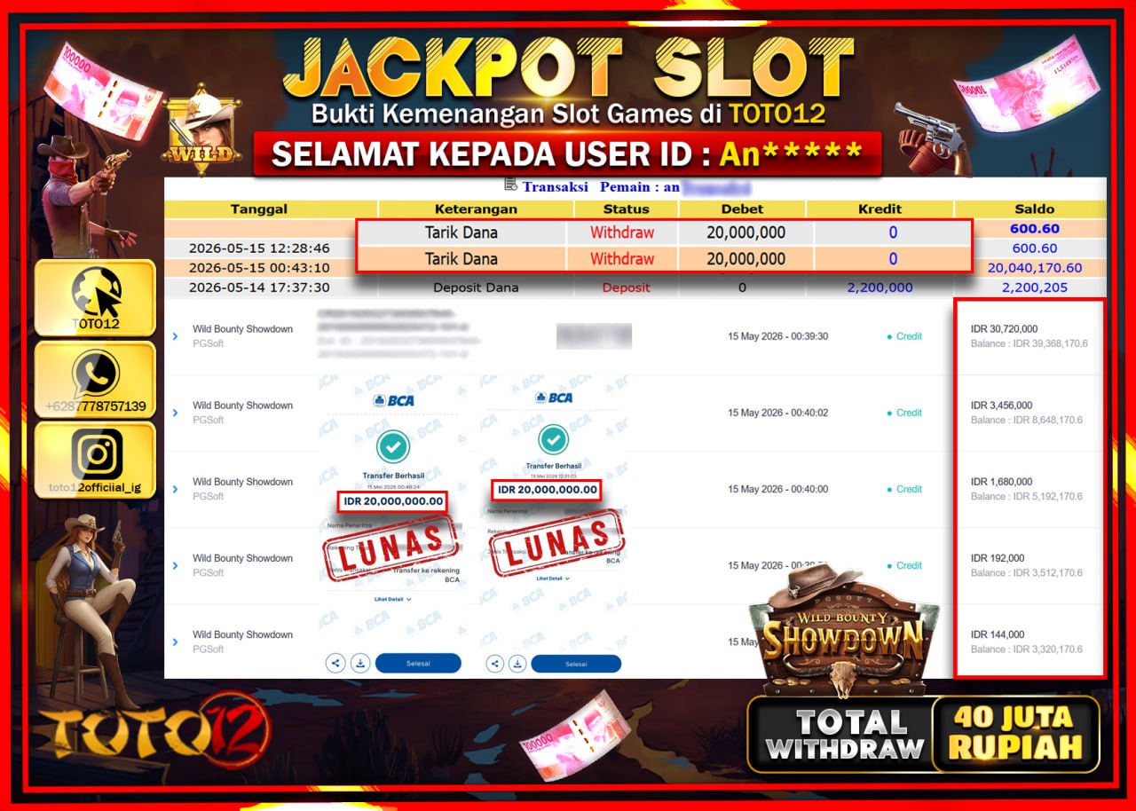 HANYA DI TOTO12 JP PASTI DI BAYAR LUNAS DAN CEPAT!!!!!! JACKPOT SLOT GAME (WILD BOUNTY SHOWDOWN) Rp40.000.000!!!!