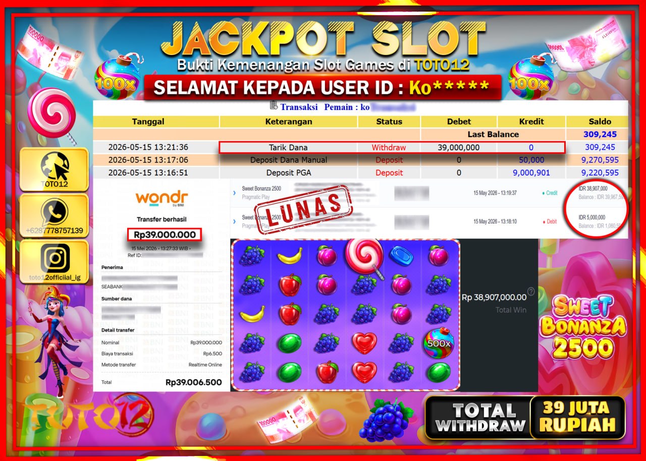 HANYA DI TOTO12 JP PASTI DI BAYAR LUNAS DAN CEPAT!!!!!! JACKPOT SLOT GAME (SWEET BONANZA 2500) Rp39.000.000!!!!