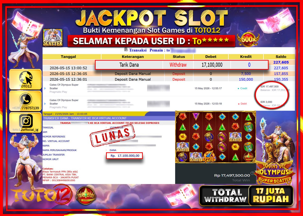 HANYA DI TOTO12 JP PASTI DI BAYAR LUNAS DAN CEPAT!!!!!! JACKPOT SLOT GAME (GATES OF OLYMPUS SUPER SCATTER) Rp17.100.000!!!!
