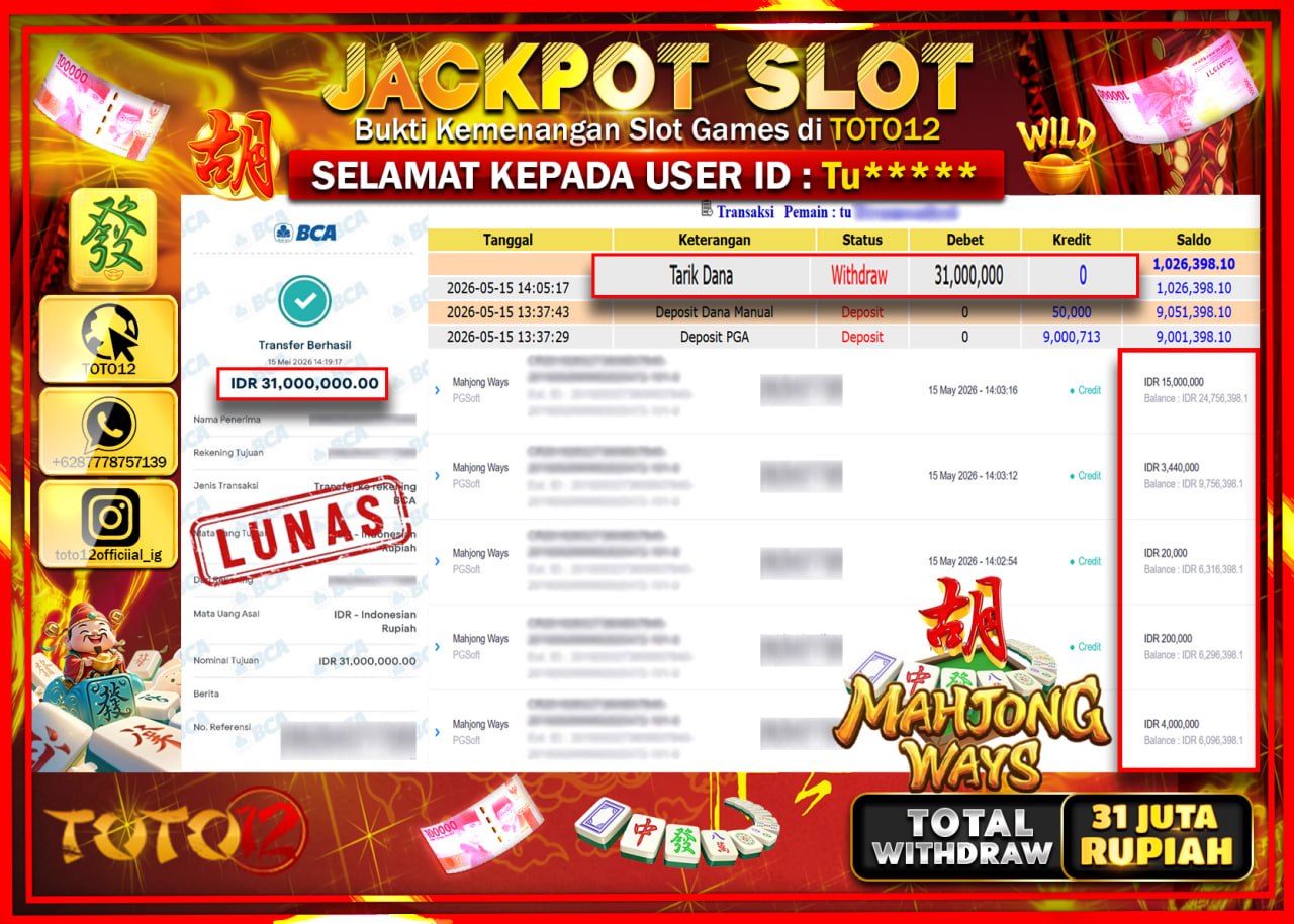 HANYA DI TOTO12 JP PASTI DI BAYAR LUNAS DAN CEPAT!!!!!! JACKPOT SLOT GAME (MAHJONG WAYS) Rp31.000.000!!!!