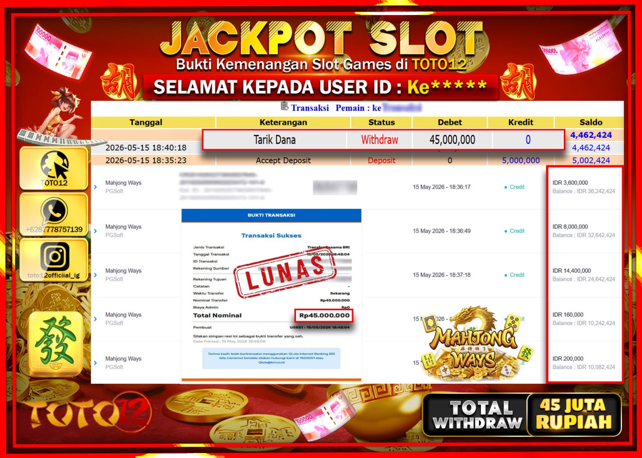 HANYA DI TOTO12 JP PASTI DI BAYAR LUNAS DAN CEPAT!!!!!! JACKPOT SLOT GAME (MAHJONG WAYS) Rp45.000.000!!!!