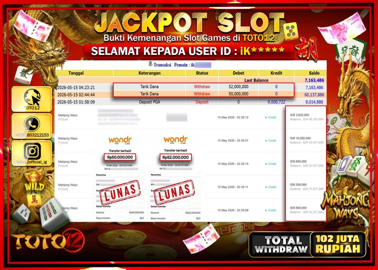 HANYA DI TOTO12 JP PASTI DI BAYAR LUNAS DAN CEPAT!!!!!! JACKPOT SLOT GAME (MAHJONG WAYS) Rp102.000.000!!!!