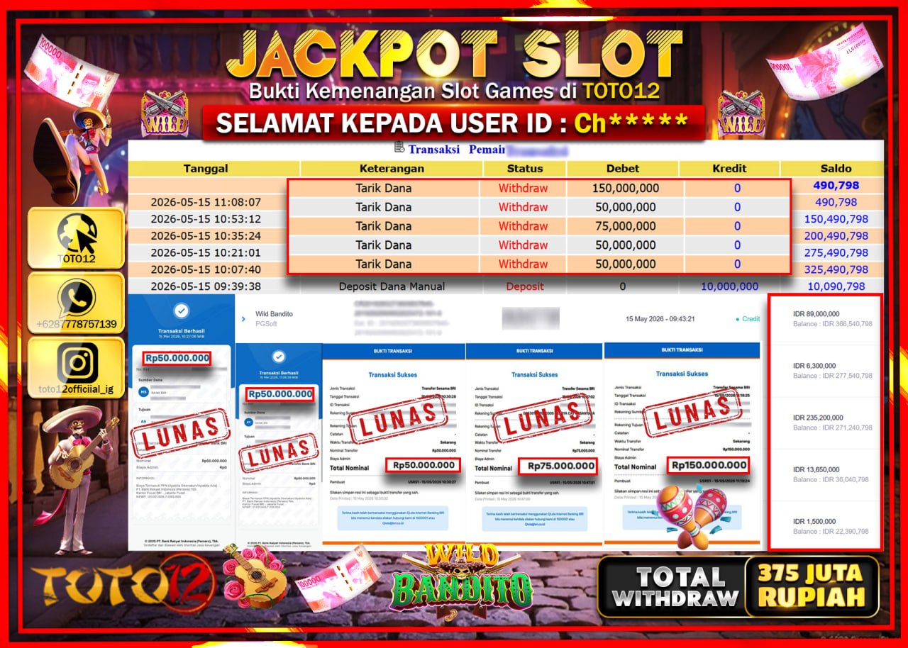 HANYA DI TOTO12 JP PASTI DI BAYAR LUNAS DAN CEPAT!!!!!! JACKPOT SLOT GAME (WILD BANDITO) Rp375.000.000!!!!