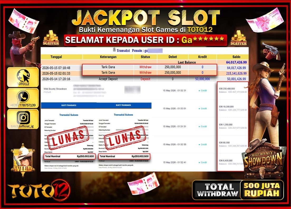 HANYA DI TOTO12 JP PASTI DI BAYAR LUNAS DAN CEPAT!!!!!! JACKPOT SLOT GAME (WILD BOUNTY SHOWDOWN) Rp500.000.000!!!!