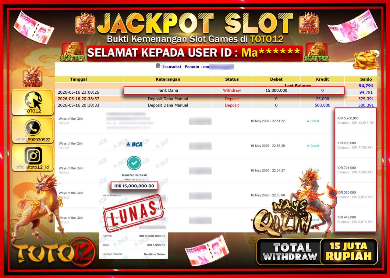 HANYA DI TOTO12 JP PASTI DI BAYAR LUNAS DAN CEPAT!!!!!! JACKPOT SLOT GAME (WAYS OF THE QILIN) Rp15.000.000!!!!