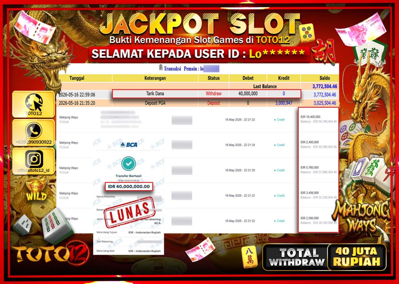HANYA DI TOTO12 JP PASTI DI BAYAR LUNAS DAN CEPAT!!!!!! JACKPOT SLOT GAME (MAHJONG WAYS) Rp40.000.000!!!!