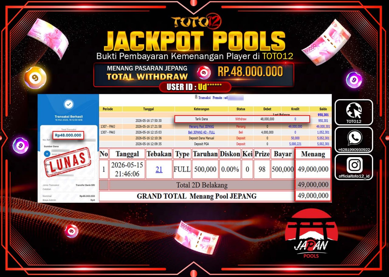 HANYA DI TOTO12 JP PASTI DI BAYAR LUNAS DAN CEPAT!!!!!! JACKPOT POOLS PASARAN (JEPANG) Rp48.000.000!!!!