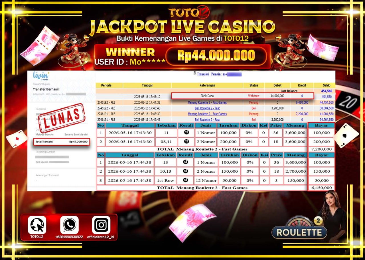 HANYA DI TOTO12 JP PASTI DI BAYAR LUNAS DAN CEPAT!!!!!! JACKPOT  LIVE GAME CASINO (ROULETTE 2) Rp44.000.000!!!!